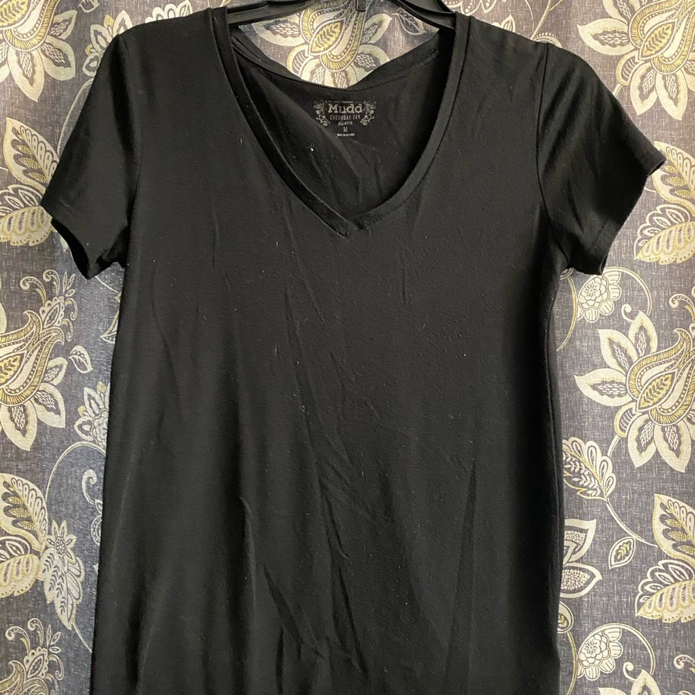 Black v neck T-shirt worn